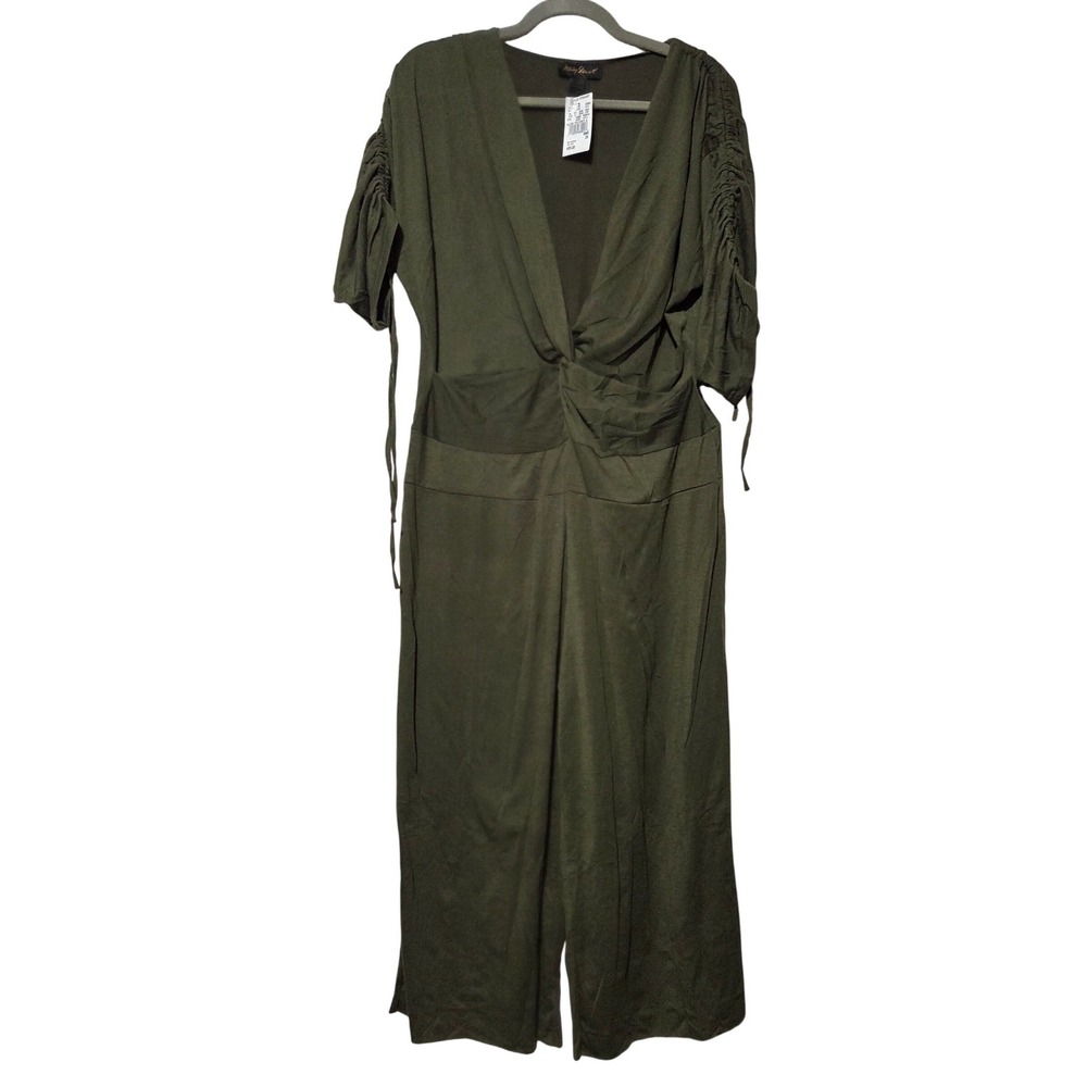 Ashley Stewart Olive Green Twist‎ Front Ruched Sleeve Jumpsuit Plus Size 2X